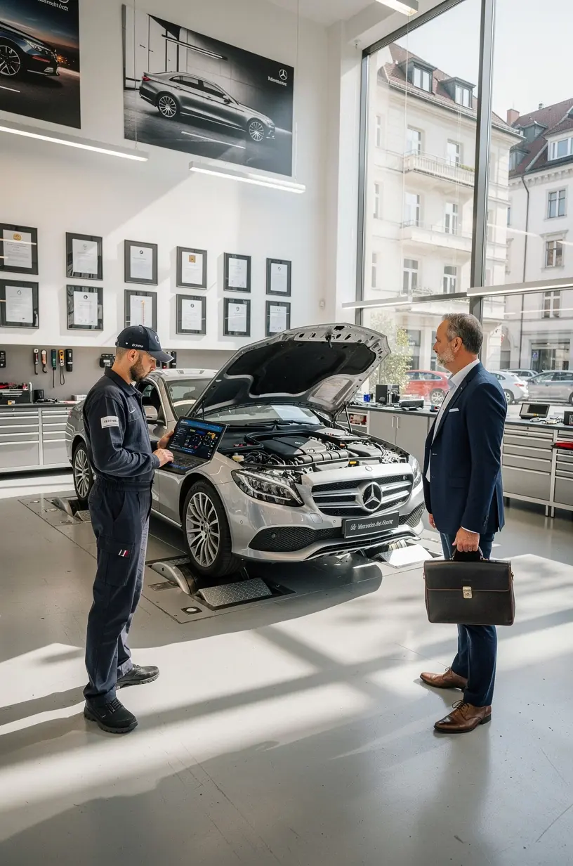Moderne Werkstatt mit spezialisierten Technikern bei der Wartung eines hochwertigen europäischen Luxusfahrzeugs.